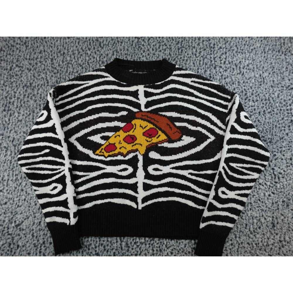 Zara Pizza Graphic Knit Sweater Black White Crew Neck Long Sleeve‎ Pullover